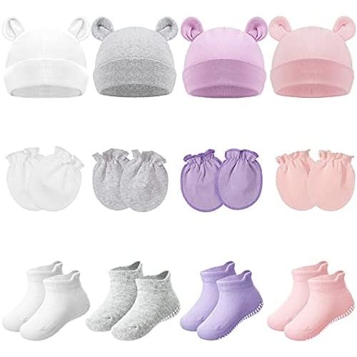 4 Sets Newborn Baby Hat and Mittens Toddler Beanie Cap Non Slip Socks for 0-6 Months