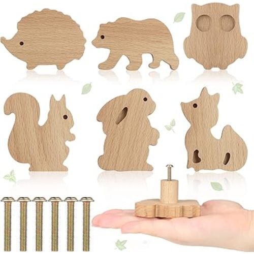 Qunclay Wooden Animal Cabinet Knobs Decorative Wood Dresser Knobs with Screws Dresser Pulls Marine Woodland Natural Wild Animals Pulls Handles Nursery for Home Furniture Decor(Forest Animal,6 Sets)