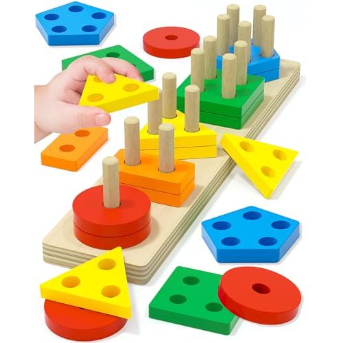 Montessori Toys for 1 2 3 Year Old Boy Girl, Toys for Ages 2-4 Toddlers Kids Baby, 1 2 Year Old Birthday Gifts, Wooden Learning Puzzles Shape Sorter Toy for Toddlers 1-3