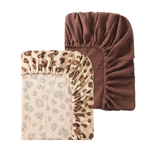 Baby Crib Sheets 2 PCS, 100% Organic Cotton Fitted Crib Sheet for Standard Crib Mattress (52"x28"), Soft and Breathable for Girl and Boy, Leopard Print, Khaki