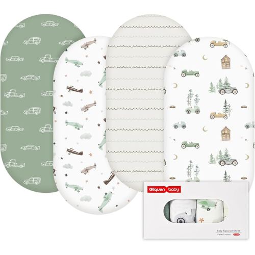 Gllquen Baby Bassinet Sheets 4 Pack, Breathable Cozy Fitted Mattress Sheet, Elastic Travel Crib Fashionable Pattern, Standard Cradle Safe Sheets for Baby Boys Girls 32"x16" (Car)