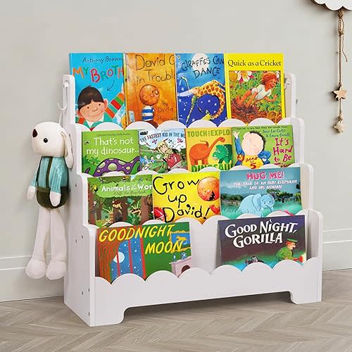 Kids Bookshelf Wooden 4-Tier, Scalloped Book Shelf for Kids Rooms, Front Facing Toddler Montessori Bookshelf, Baby Nursery Book Shelves Kid Classroom Book Shelf Bookcase