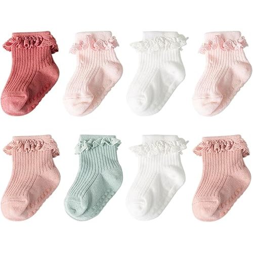 Baby Girl Toddlers Socks with Non-slip Grip Cute Frilly Ruffle Ankle Soft Cotton Newborn Baby Socks for Infant Kids