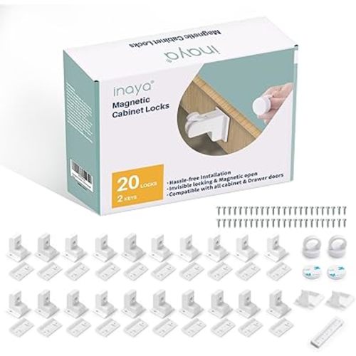 Inaya Magnetic Cabinet Locks Baby Proofing (20 Locks & 2 Keys), Child Safety Magnet Locks for Cabinets & Drawers with Invisible Design, 3M Adhesive for Easy Installation - No Drill & Tool Needed