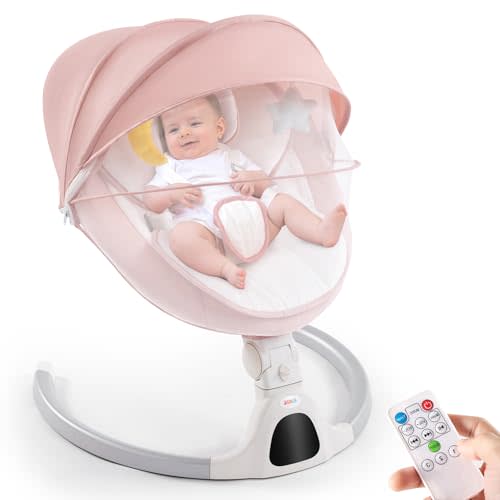 Jaoul Baby Swing for Infants - Electric Portable Newborn Bouncer With Bluetooth Touch Screen/Remote Control, Timing Function, 5 Speeds, 3 Seat Positions for Boys and Girls (Pink)