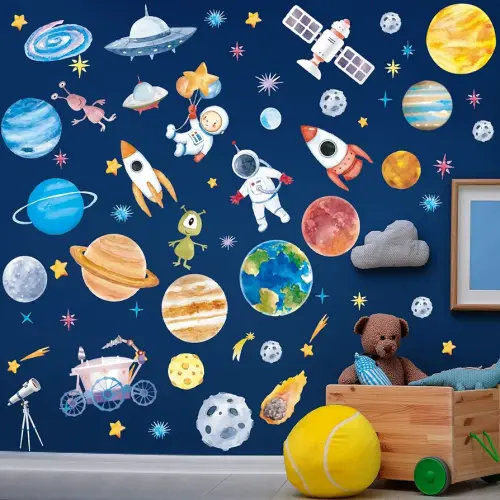 Zonon Outer 6 Sheets Space Astronaut Wall Stickers Space Planets Decal Solar System Decals Galaxy Astronaut Rocket Alien Wall Mural for Boys Kids Classroom Nursery Bedroom Home Decoration