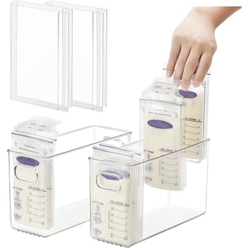 Breastmilk Storage Container with 4 Freezer Flattener Kit to Flatten Standing Breast Milk Bags in Organizer Bins Save Refrigerator Space |Vertical Storage