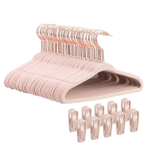 Tonswachic Baby Velvet Hangers 50 Pack - 11 Inch Non Slip Felt Kids Hanger for Infant Clothes - Ultra Thin Baby Felt Hangers for Toddler Kids' Closet with 10 Hanger Clips - Pink