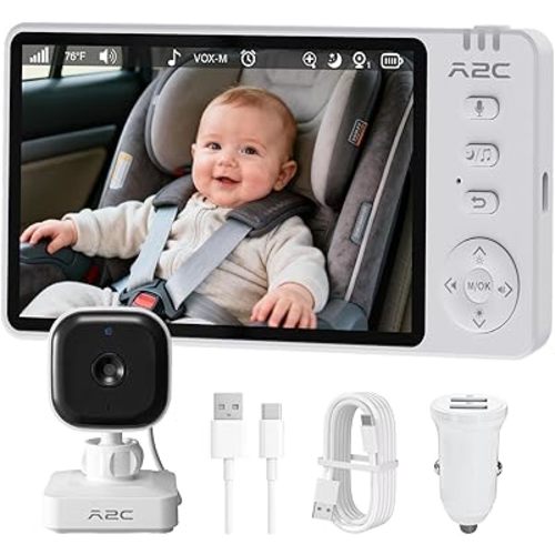 A2C Wireless Baby Car Camera, Easy Install Car Baby Monitor with Night Vision, 5" 1080P HD Car Seat Camera Rear-Facing Infant 4X Zoom for Newborns, Toddlers