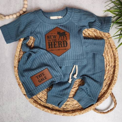 Baby Coming Home Outfit Personalized | New To The Herd | Waffle Outfit | Country Western Newborn | Baby Announcement Clothing | Name Hat