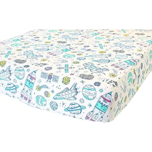 100% Cotton Fitted Crib Sheet - Premium Baby Bedding - Soft, Breathable & Durable - Space Print