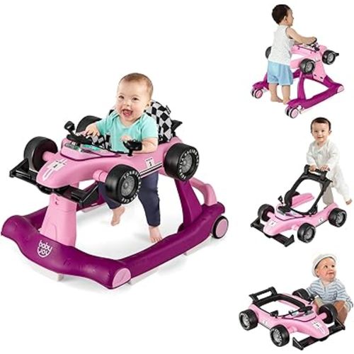 BABY JOY 4-in-1 Baby Walker, Foldable Activity Walker with Adjustable Height & Speed, Music, Lights, Steering Wheel, Comfy Seat Cushion, Activity Baby Push Walker for Boys Girls Aged 6 –18 Months