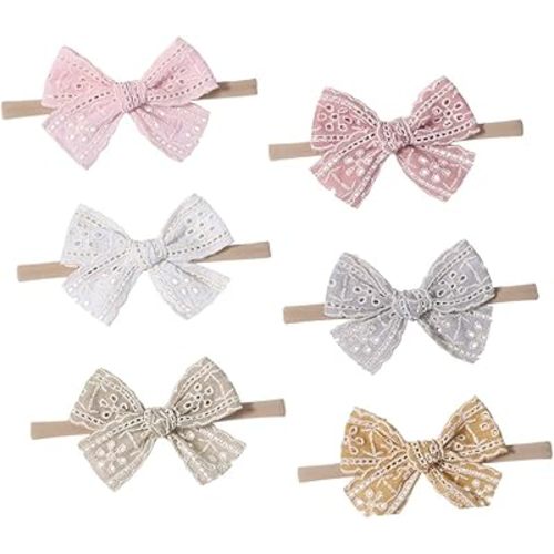 6 Pcs Headbands with Lace Bowknot Elastic Soft Nylon Hairbands for Newborn Stretchy Floral Hair Bows for Boy Girl Comfortable Non-slip Girl Accessories