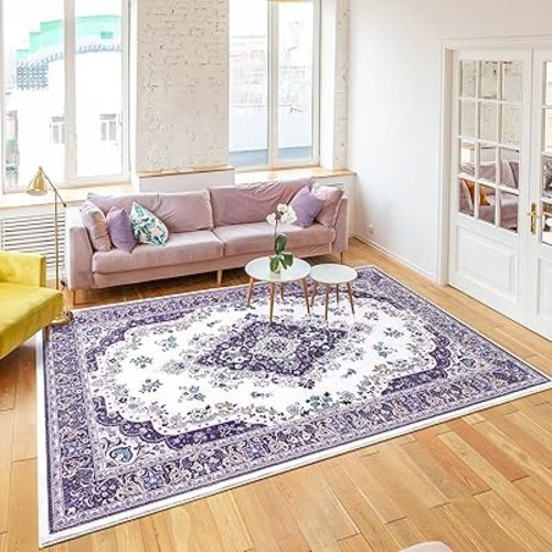 HOMORE Area Rug 4x6 Purple Rugs for Bedroom Living Room, Non Slip Washable Throw Rug for Kitchen Ultra Thin Low Pile Vintage Rugs for Entryway Floral Rug for Dinning Room Office