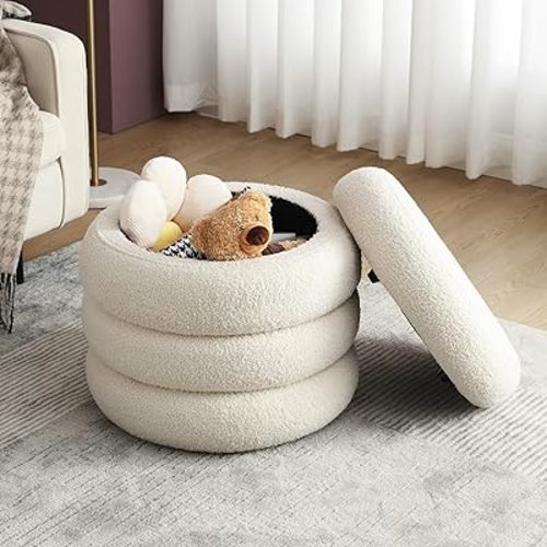 ONEVOG Sherpa Storage Ottoman, Foot Rest Stool Seat for Living Room, Off-White Vanity Foot Pouf, Tufted Footstool with Removable Lid for Dorm, Bedroom