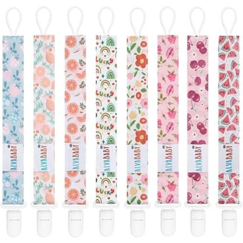 ALVABABY Pacifier Clips 8 Packs Binky Paci Clip Holder Leashes for Newborn Baby Boys Girls Fits Baby Teethers Flower Fluit 8DP14