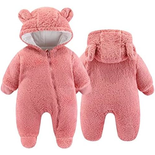 UVIPC Newborn Baby Fleece Footie Snowsuit Winter Onesie Cartoon Bear Warm Hooded Outfits for Girls Boys