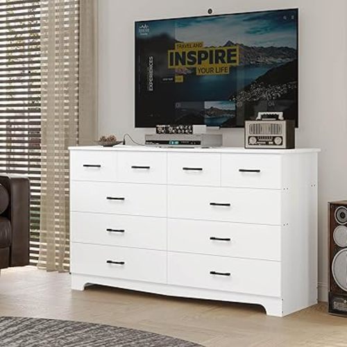 Hasuit 10 Drawer Dresser for Bedroom, Large Chest of Drawers with Charging Station, 55.1'' Wide Storage Clothes Closet Organizer, Long Dresser TV Stand for Living Room, White