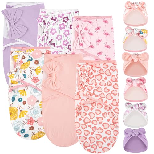 Ramede 6 Pack Baby Swaddle Blanket with Hats Sleep Swaddle for 0-3 Months Newborn Sacks Soft Cotton Wearable for Boy Girl