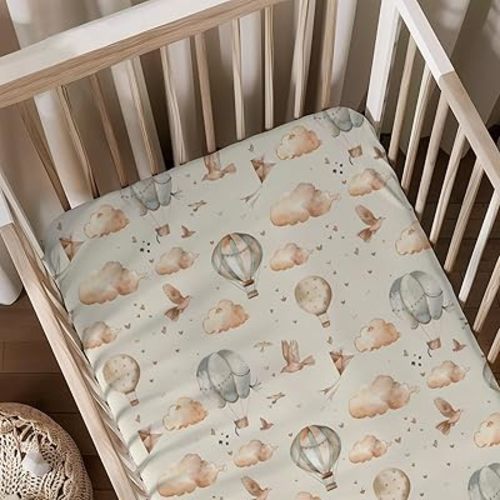 Hot Air Balloon Transportation Pattern Baby Crib Sheets, Unisex Balloons Birds Clouds Nursery Fitted Bed Sheet for Boys Girls Standard Crib and Toddler Mattress-28x52