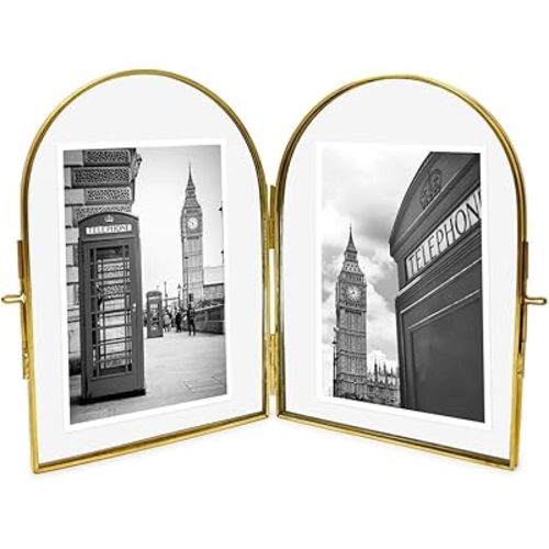 Isaac Jacobs 4x6 Vintage Style, Double-Sided Arched Brass & Glass Metal Floating Picture Frame with Locket Closure (Vertical), Made for Tabletop Display (4x6 Vertical, Antique Gold)