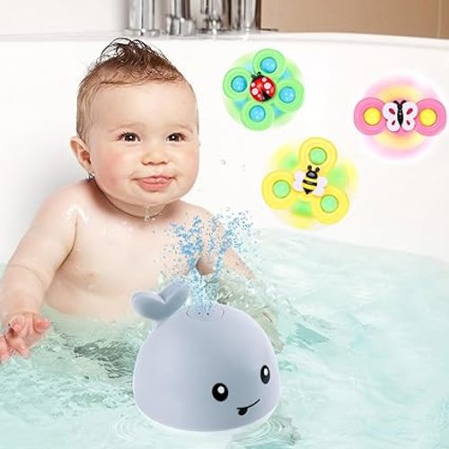 Gigilli Baby Bath Toys Set, Whale Bath Toy Sprinkler with 3 PCS Suction Cup Spinner Toy for Baby, Bath Toys Spinners for Babies, Suction Cup Toys for 3 Year Valentines Birthday Gifts Toddler Baby Toy - Whale + Spinning Toys