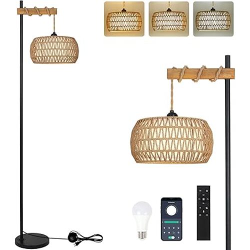 Rattan Floor Lamps for Living Room with Remote & Smart LED Bulb, Boho Corner Tall Standing Lamp with Double Shades, Dimmable Stand Up Lamps for Office Bedroom Nursery Study Room
