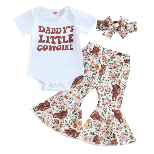 Lamuusaa Western Baby Girl Clothes Short Sleeve Romper Cow Print Flared Pants Bell Bottoms Headband 3Pcs Summer Outfit