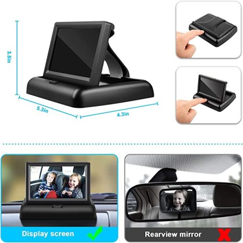 Car Mirror, 4.3'' HD Night Vision Function Car Mirror Display, Safety Car Seat Mirror Camera Monitored Mirror with Wide Crystal Clear View, Aimed at Baby, Easily Observe The Baby’s Move - Black