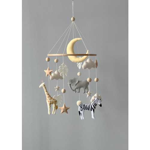 Baby mobile neutral animals Africa nursery mobile felt Africa safari giraffe, lion, zebra, and elephant. Crib mobile moon and clouds mobile.