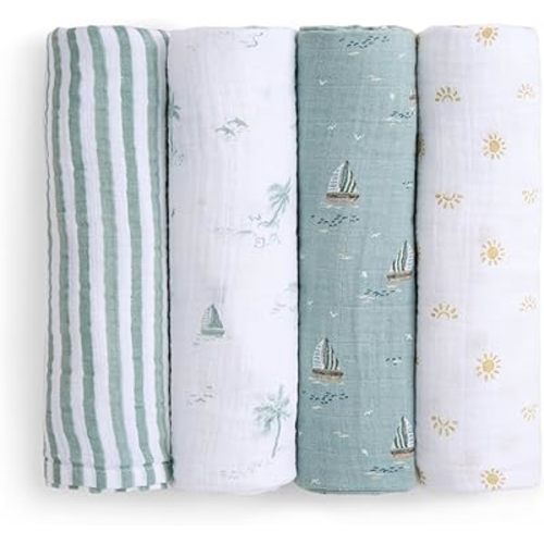 aden + anais 100% Organic Cotton Muslin Swaddle, Breathable Baby Blanket, Ideal for Boys, Girls, Newborns, Babies & Infants, Receiving Blanket, Soft and Lightweight Wrap, 4 Pack, Sailing Seas