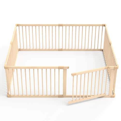 JimberBay Wooden Baby Playpen, X-Large Size Adjustable Baby Playard for Babies and Toddlers with Safety Gate, CPC Certified Play Fence(71x63x24 Inches