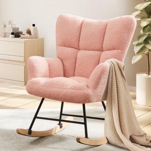 CONCETTA Rocking Chair Teddy, High Backrest, Comfortable Stylish with Padded Seat Glider Rocker for Living Rooms, Bedrooms, Offices, Pink