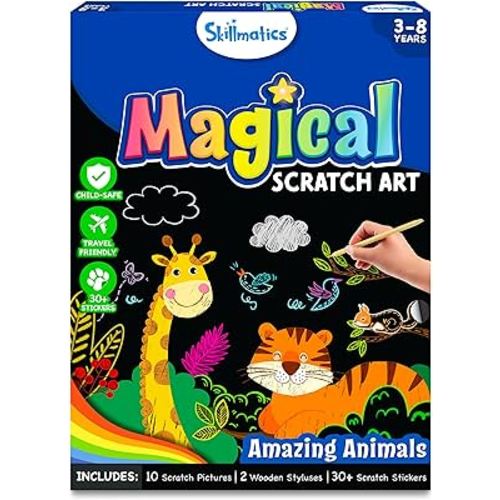 Skillmatics Magical Scratch Art Book for Kids - Animals, Craft Kits & Supplies, DIY Activity & Stickers, Gifts for Toddlers, Girls & Boys Ages 3, 4, 5, 6, 7, 8, Travel Toys