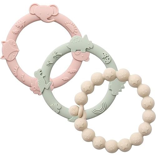 YIVEKO Baby Teether Rings Silicone Teethers for Babies Multi Use Baby Toy Rings Teething Toys for Infants Baby Chew Toys Baby Teething Rings for Infant Boys and Girls 3 Pack-Blush