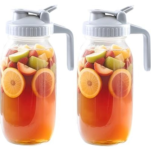 Glass Mason Jar Pitcher With Lid 64 Oz Wide Mouth Sun Tea Jar Half Gallon Cold Hot Water Pitcher 2 Quart Brew Coffee Jug Carafe For Fridge,Lemonade, Beverage,Milk,Juice Container 2 Set