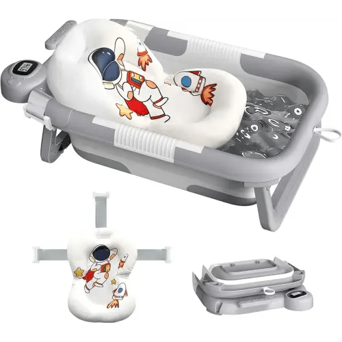 Collapsible Baby Bathtub for Newborn to Toddler (0-24 Months), Portable Baby Bath Tub for Travel, Newborn Bathtub with Soft and Supportive Cushion (Astronaut-Gray)