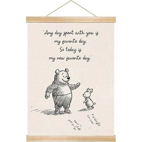 Little Bear the Pooh Quote Wall Art -Any Day Spent with You-Natural Linen Poster with Wooden Frame, Cute Hand-Drawn Print for Nursery, Kids Room, Baby Shower, or Friendship Gift, 14 x 18.5 Inch