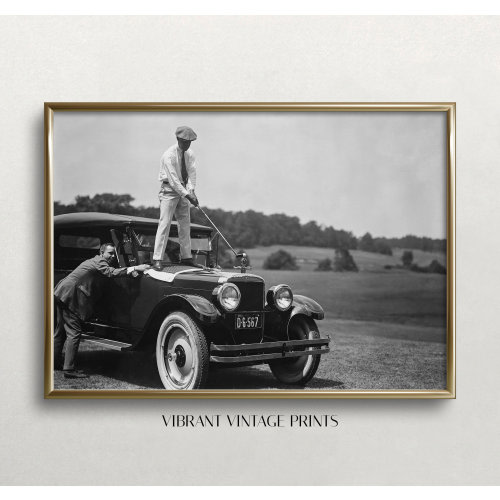 Golfer on Top of Car, Golf Wall Art, Black and White Art, Vintage Wall Art, Funny Wall Art, Antique Car Digital DOWNLOAD, PRINTABLE Wall Art