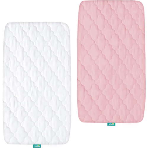 Bassinet Mattress Pad Cover, Waterproof, Fit for All Mainstream Bassinet - Rectangle,Oval,Hourglass, 2 Pack, Ultra Soft Microfiber Surface, Washer & Dryer, White and Pink