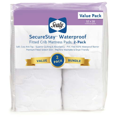 Sealy Secure Stay Waterproof Mattress Pads, Crib, White, 2-Pieces, 52" L x 28" W
