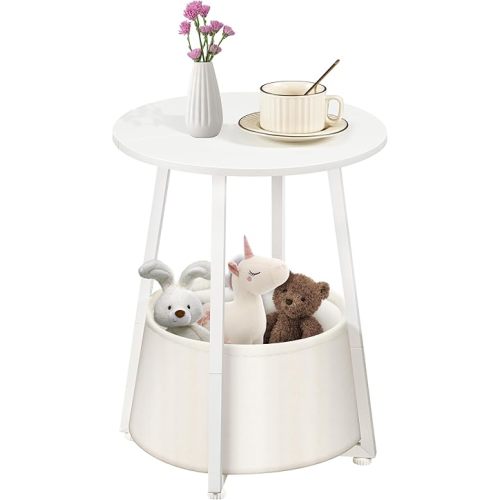 CHOEZON Small Round Side Table, End Table for Small Spaces, Round Nightstand with Detachable Oxford Fabric Basket, for Living Room, Bedroom, Nursery, White TBZ12WB