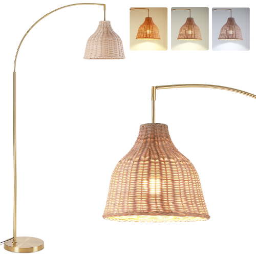 SUNMORY Floor Lamp for Living Room, 73 inch Arched Rattan Fabric Retro Boho Farmhouse Rustic Standing Lamp for Living Room Bedroom Office, Gold