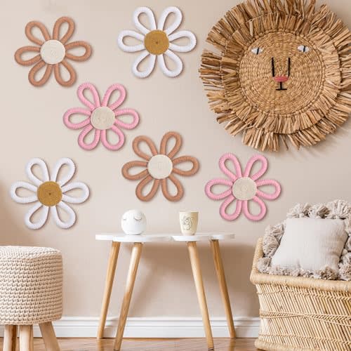 6 Pcs Boho Nursery Decor Daisy Flower Wall Art Woven Macrame Wall Hanging Boho Daisy Floral Nursery Decor for Home Bedroom(Classic Color,Yarn and Cotton Rope)