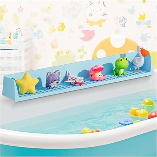 Bathtub Splash Guard for Kids - 31.4 Inch Extra Wide Bath Splash Barrier with 11 Strong Suction Cups, Flexible Silicone Tub Ledge Organizer to Keep Bathroom Floor Dry(Blue)