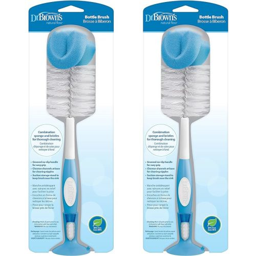 Dr. Brown's Reusable Sponge Baby Bottle Cleaning Brush with Suction Cup Stand, Scrubber and Nipple Cleaner, Blue 1-Pack (Pack of 2) - 2-pack, Blue Bottle Brush