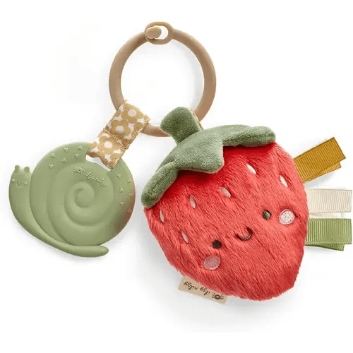 Itzy Ritzy Infant Toy & Teether - Itzy Pal Baby Teething Toy includes Lovey, Crinkle Sound, Textured Ribbons & Silicone Teether Toy for Newborn (Strawberry)
