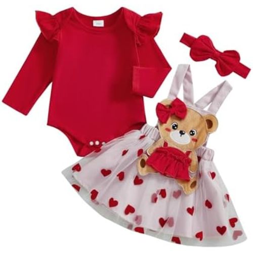 Karuedoo Newborn Baby Girl Valentines Outfit Long Sleeve Ruffle Romper Cartoon Heart Suspender Skirt Overall Dress Set