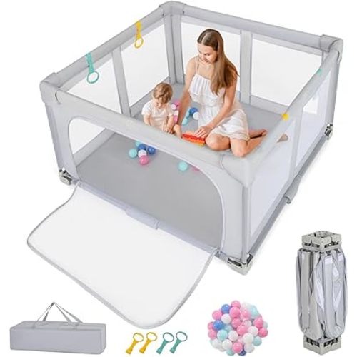 HONEY JOY Foldable Baby Playpen, Portable Large Baby Fence w/ 50 Ocean Balls, Indoor & Outdoor Folding Baby Activity Center, Safety Play Yard w/Breathable Mesh, Play Pen for Toddlers (50" x 50")