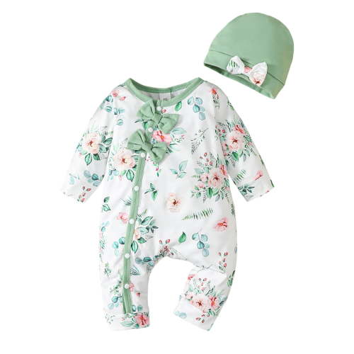 Newborn Baby Girls Romper 3 Months Girls One-piece Bodysuit Flower Print Round Neck Newborn Girls Long Sleeve Bodysuit with Hat Green